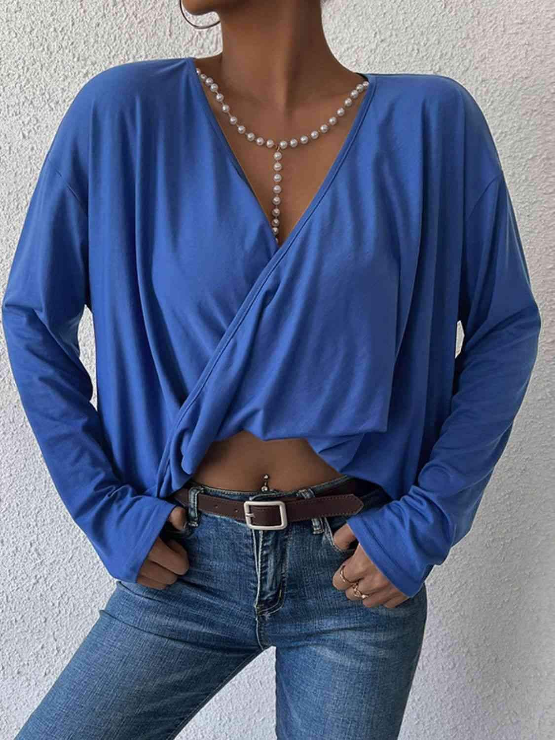 Long Sleeve Twisted Surplice Neck Blouse Cobalt Blue Blouses - Tophatter Daily Deals