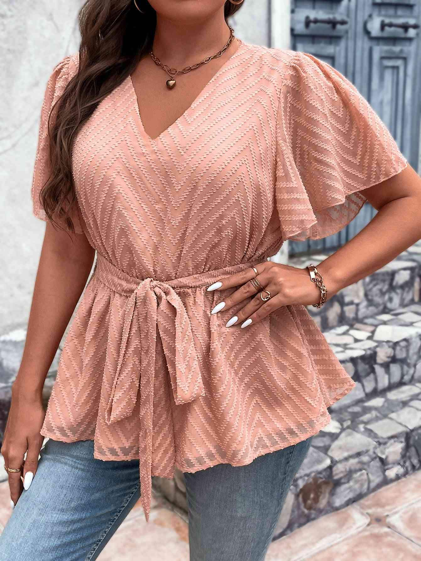 Plus Size V-Neck Flutter Sleeve Tie Waist Blouse Peach Blouses - Tophatter Daily Deals