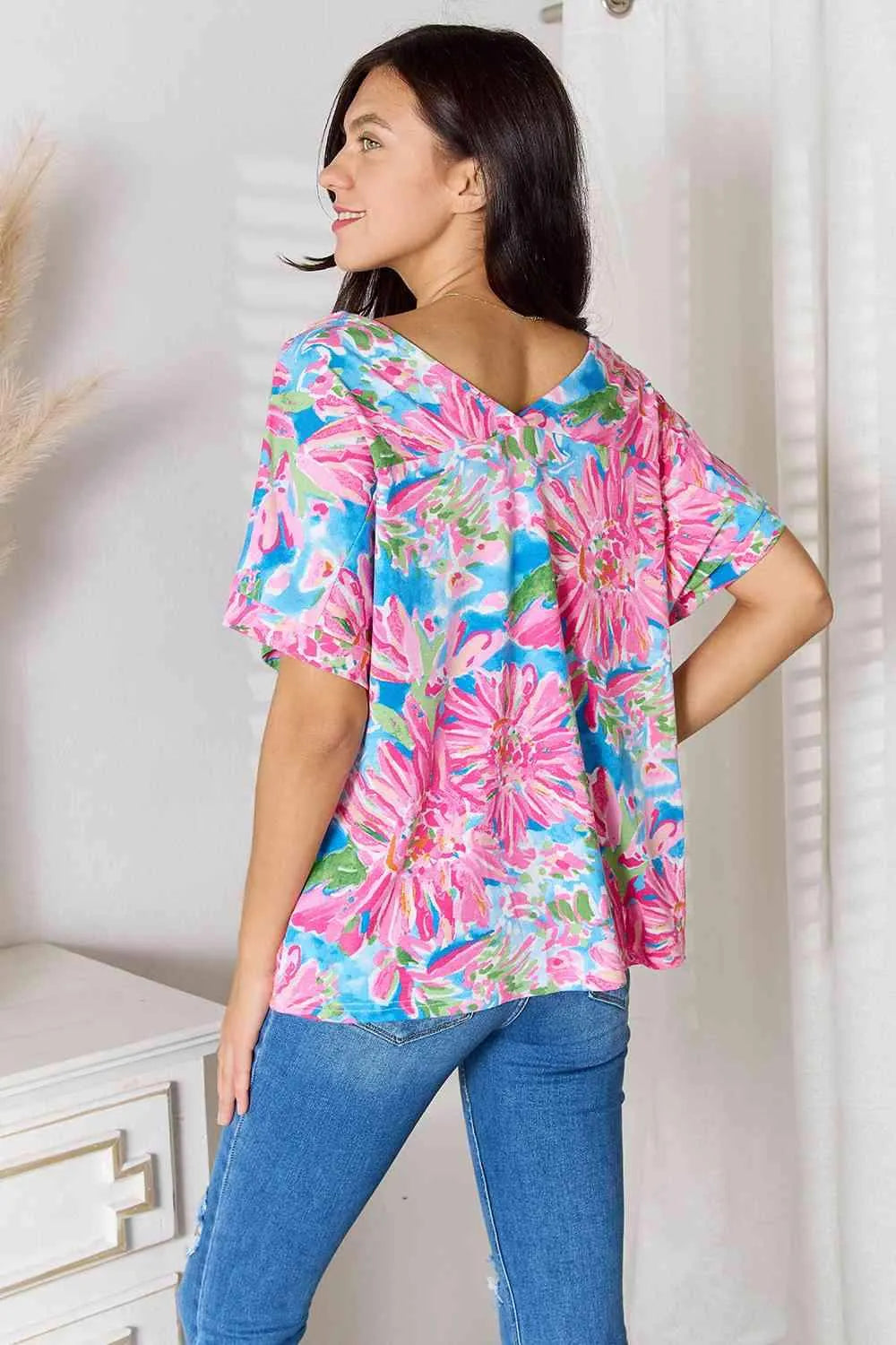 Double Take Floral V-Neck Short Sleeve Blouse Women's T-Shirts - Tophatter Daily Deals