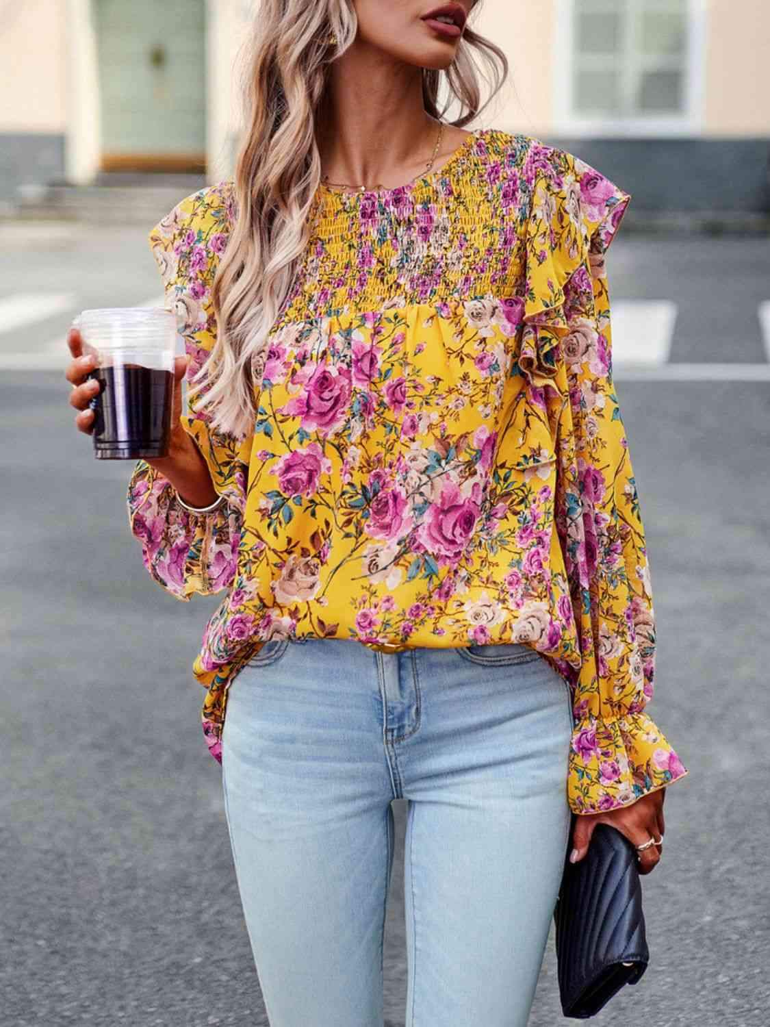 Smocked Round Neck Flounce Sleeve Blouse Blouses - Tophatter Daily Deals