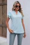 Eyelet Notched Neck Flutter Sleeve Top Pastel Blue Women's T-Shirts - Tophatter Daily Deals