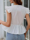 Notched Neck Flutter Sleeve Eyelet Blouse Blouses - Tophatter Daily Deals