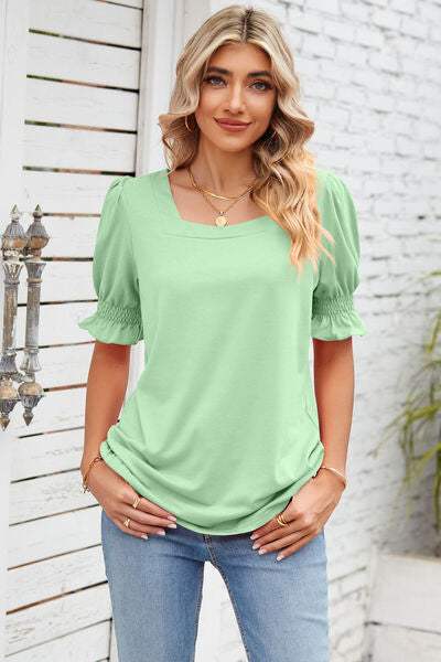 Smocked Square Neck Short Sleeve T-Shirt Women's T-Shirts - Tophatter Daily Deals