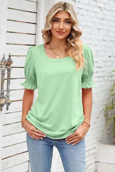 Smocked Square Neck Short Sleeve T-Shirt Women's T-Shirts - Tophatter Daily Deals