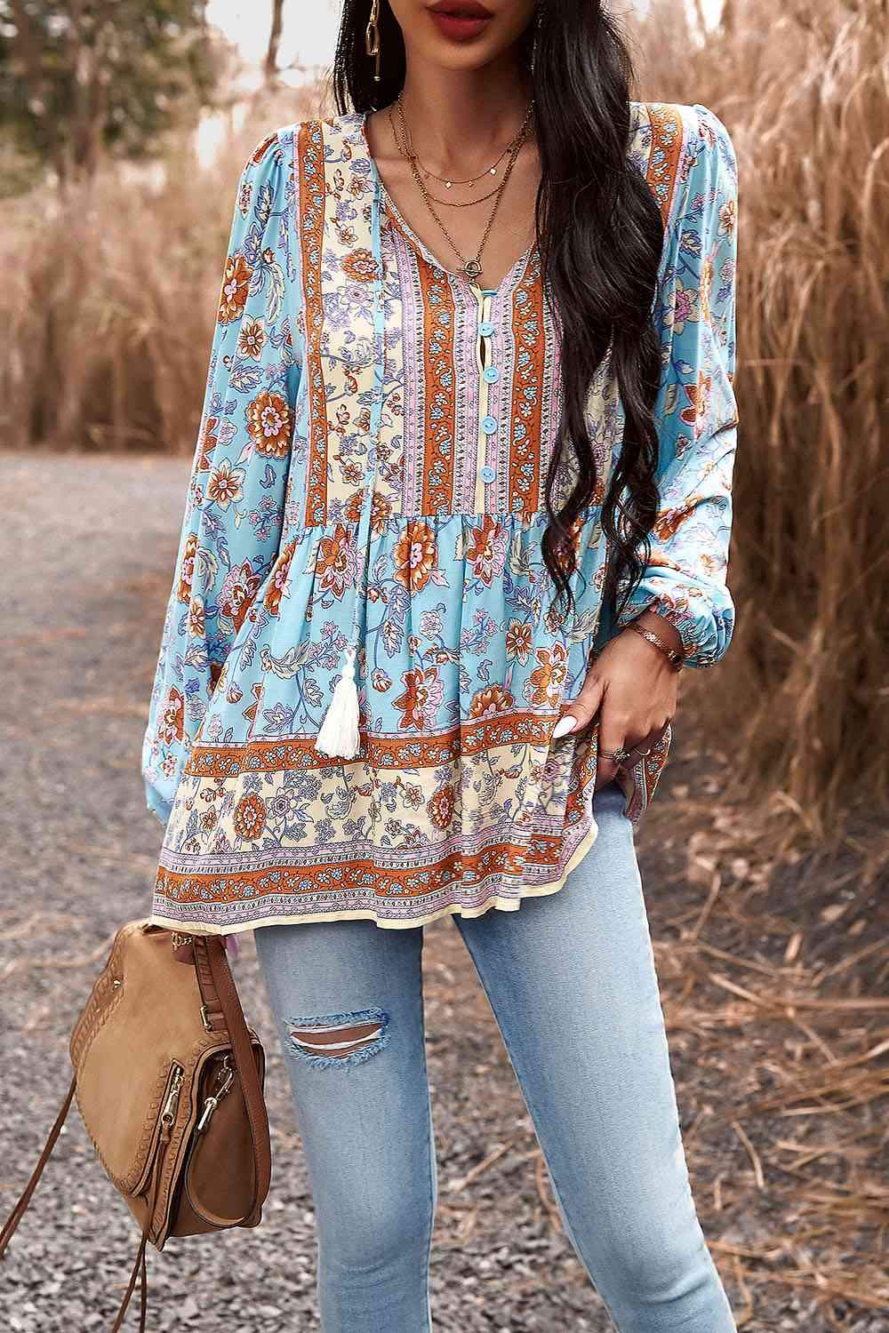 Tassel Tie Long Sleeve Peplum Blouse Blouses - Tophatter Daily Deals