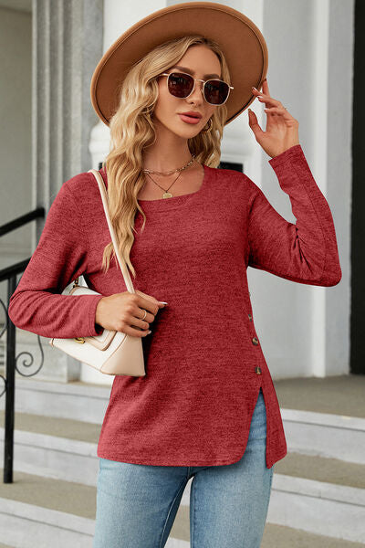 Slit Decorative Button Square Neck T-Shirt Women's T-Shirts - Tophatter Daily Deals