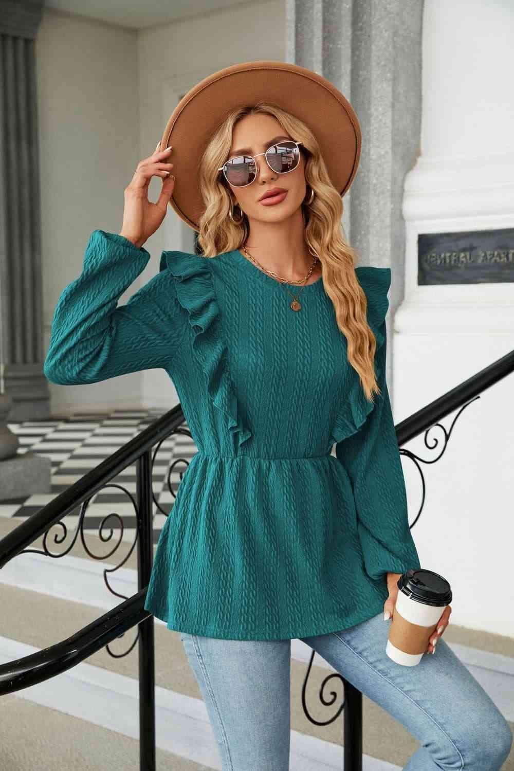 Round Neck Ruffled Peplum Blouse Blouses - Tophatter Daily Deals