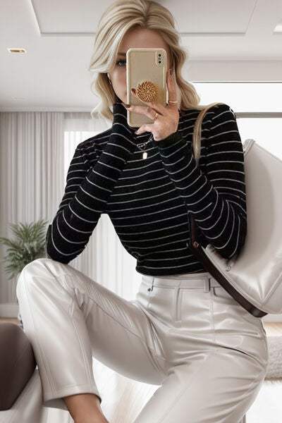 Striped Turtleneck Long Sleeve T-Shirt Black One Size Women's T-Shirts - Tophatter Daily Deals