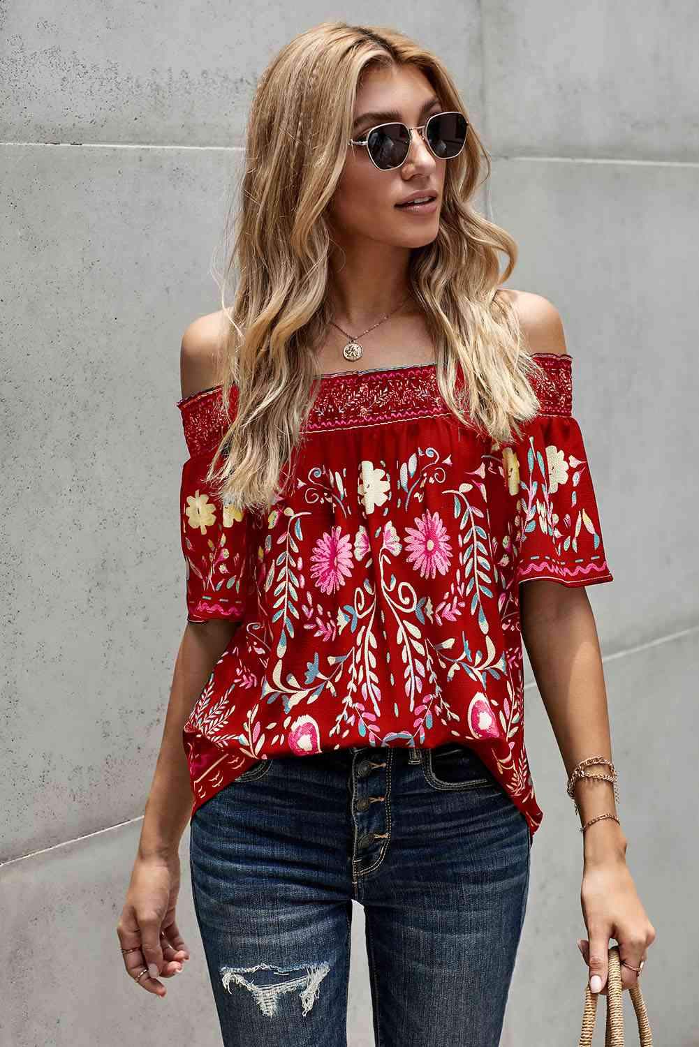 Floral Off-Shoulder Blouse Deep Red Blouses - Tophatter Daily Deals