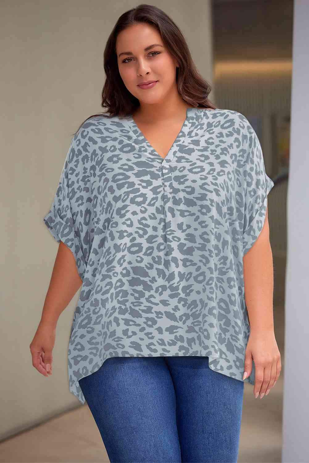 Plus Size Printed Notched Neck Half Sleeve Top Mid Gray Women's T-Shirts - Tophatter Daily Deals