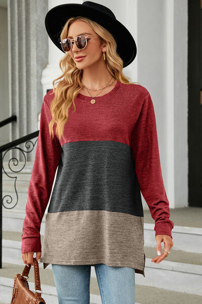 Color Block Round Neck Long Sleeve T-Shirt Women's T-Shirts - Tophatter Daily Deals