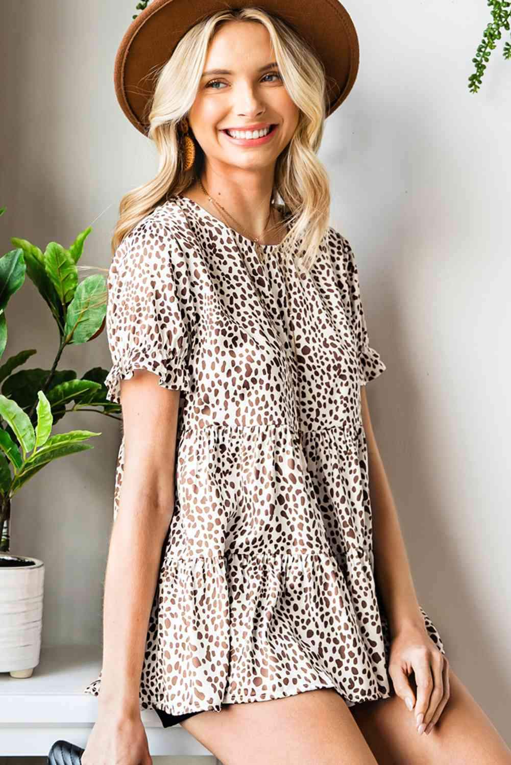 Printed Round Neck Flounce Sleeve Tiered Blouse Blouses - Tophatter Daily Deals