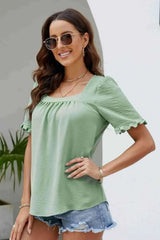 Frill Trim Puff Sleeve Square Neck Blouse Blouses - Tophatter Daily Deals