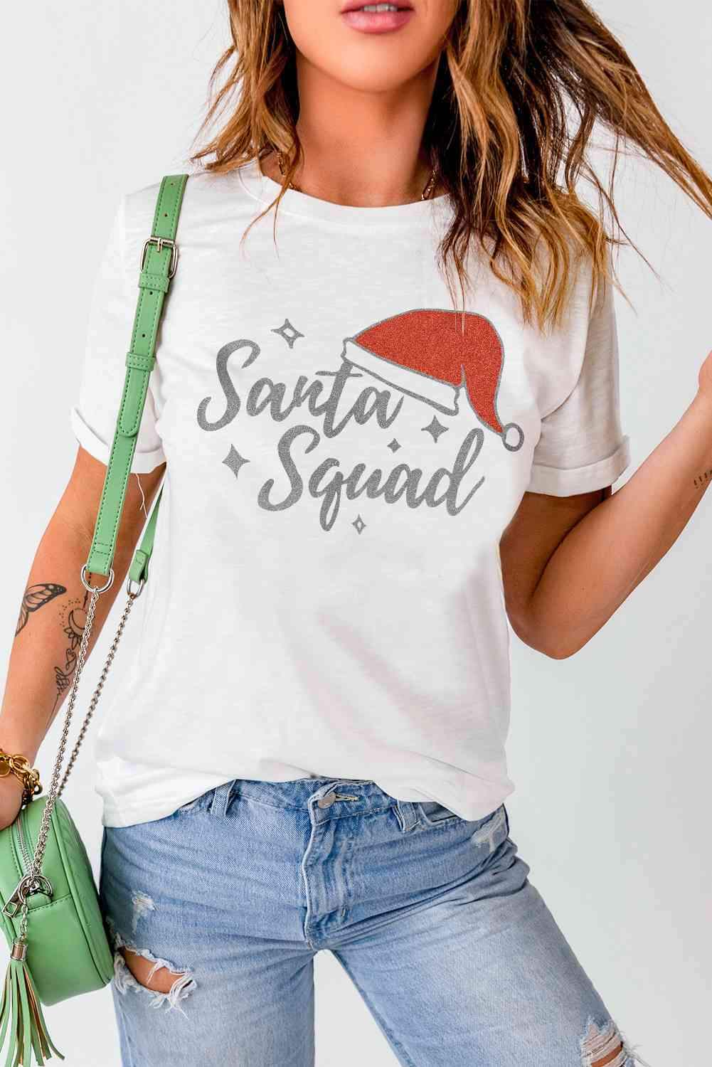 SANTA SQUAD Graphic Short Sleeve T-Shirt White Women's T-Shirts - Tophatter Daily Deals