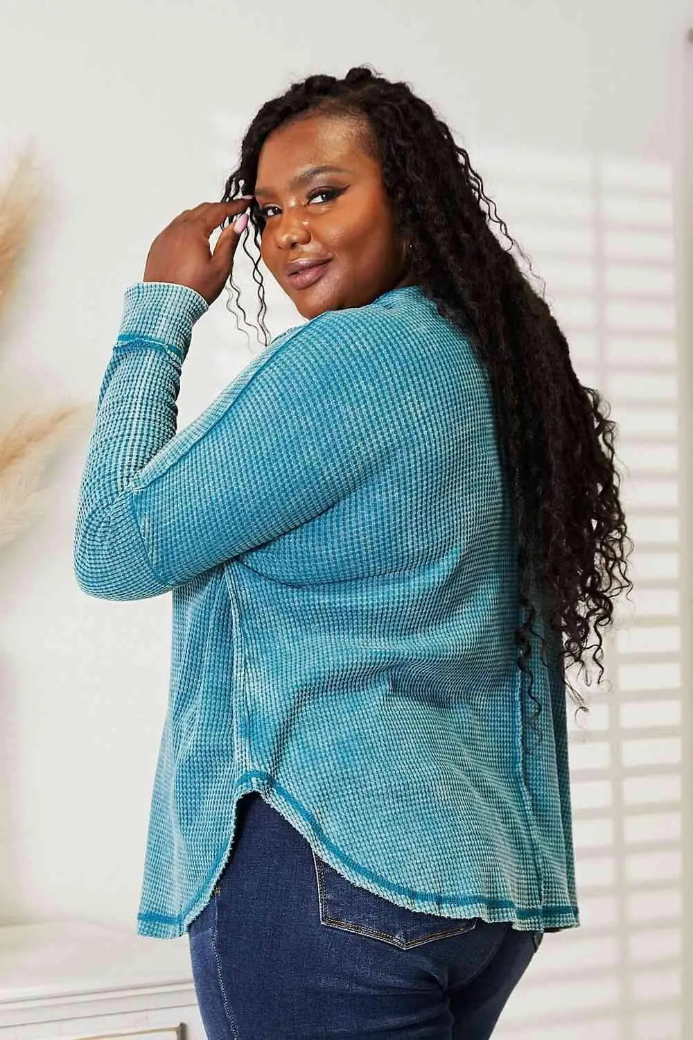 Zenana Full Size Washed Baby Waffle Oversized Long Sleeve Top Blouses - Tophatter Daily Deals