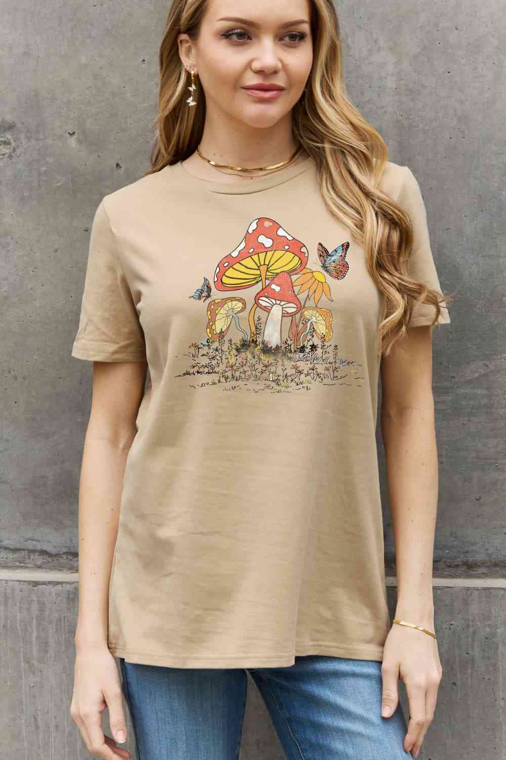 Simply Love Full Size Mushroom & Butterfly Graphic Cotton T-Shirt Taupe Women's T-Shirts - Tophatter Daily Deals