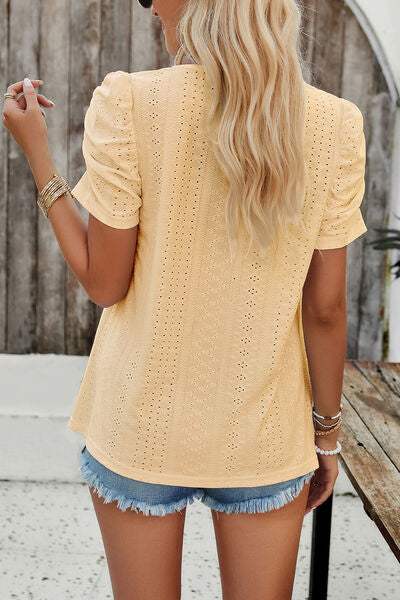 Eyelet Square Neck Puff Sleeve T-Shirt Women's T-Shirts - Tophatter Daily Deals