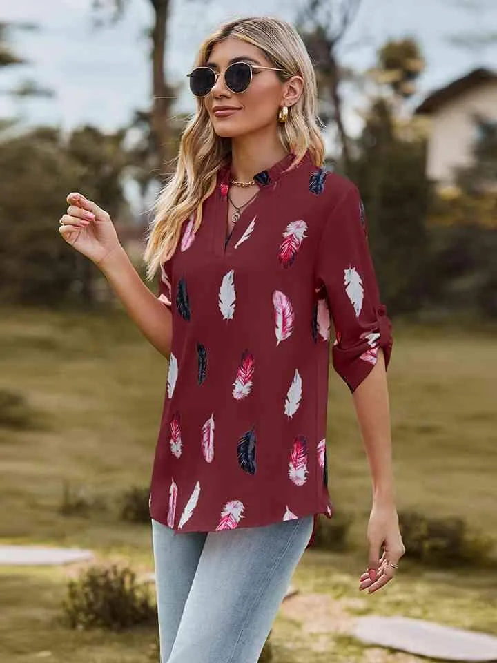 Printed Roll-Tab Sleeve Notched Neck Blouse Blouses - Tophatter Daily Deals