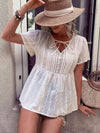 Tied Decorative Buttons Short Puff Sleeve Blouse Blouses - Tophatter Daily Deals