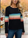 Striped Round Neck Long Sleeve T-Shirt Black Women's T-Shirts - Tophatter Daily Deals