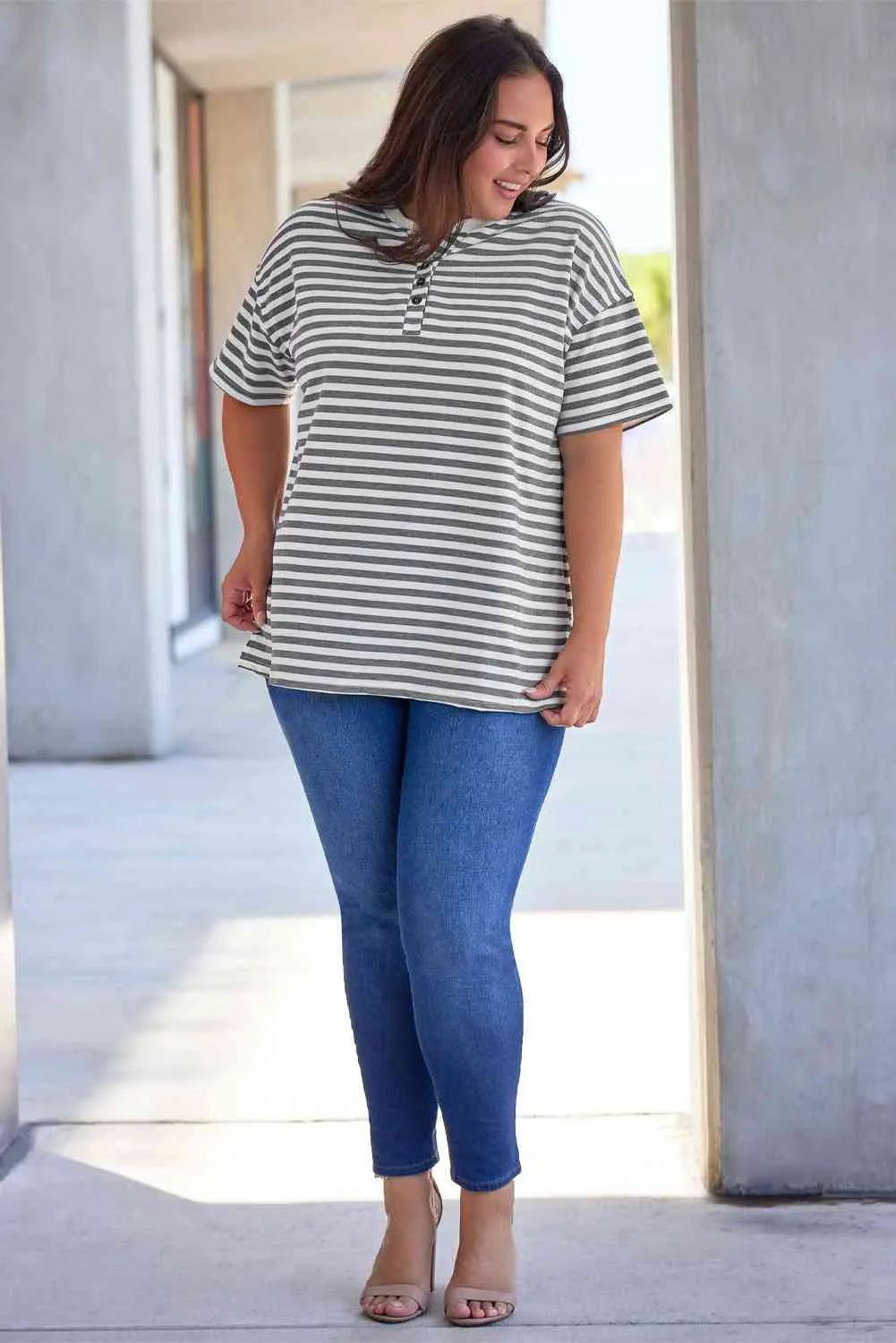 Plus Size Striped Notched Neck Short Sleeve Tee Women's T-Shirts - Tophatter Daily Deals