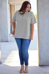 Plus Size Striped Notched Neck Short Sleeve Tee Women's T-Shirts - Tophatter Daily Deals