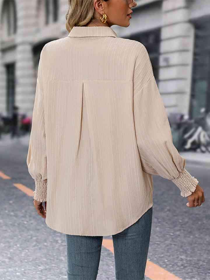 Collared Neck Long Sleeve Button-Up Blouse Blouses - Tophatter Daily Deals