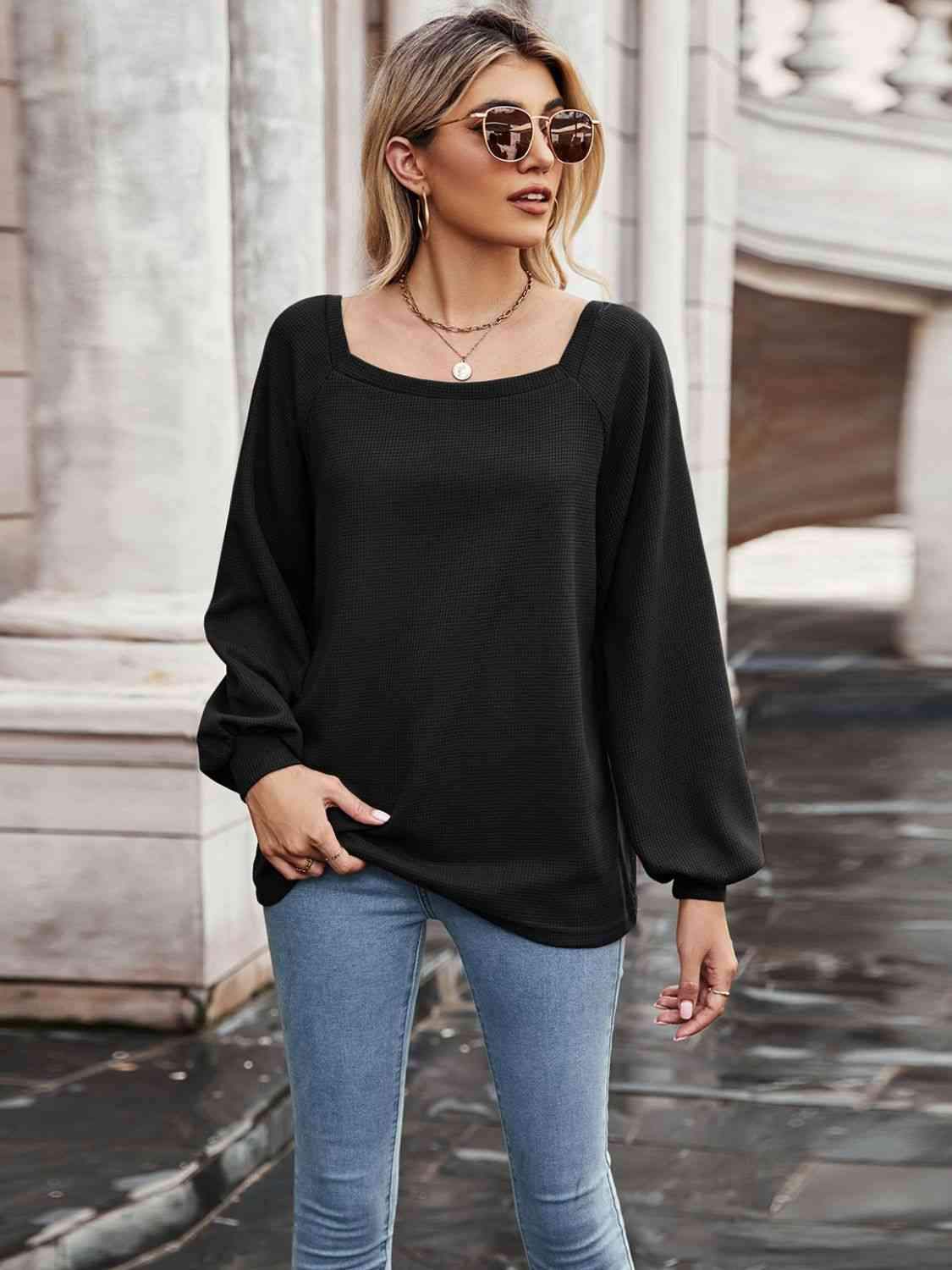 Waffle-Knit Square Neck Raglan Sleeve Tee Black Women's T-Shirts - Tophatter Daily Deals