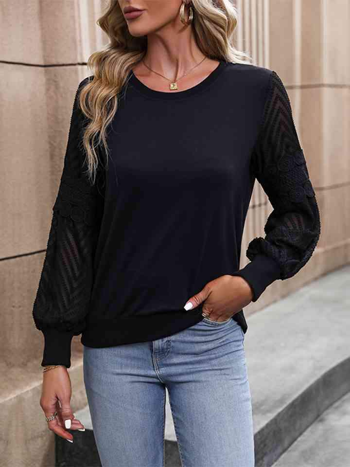 Round Neck Long Sleeve Blouse Black Blouses - Tophatter Daily Deals