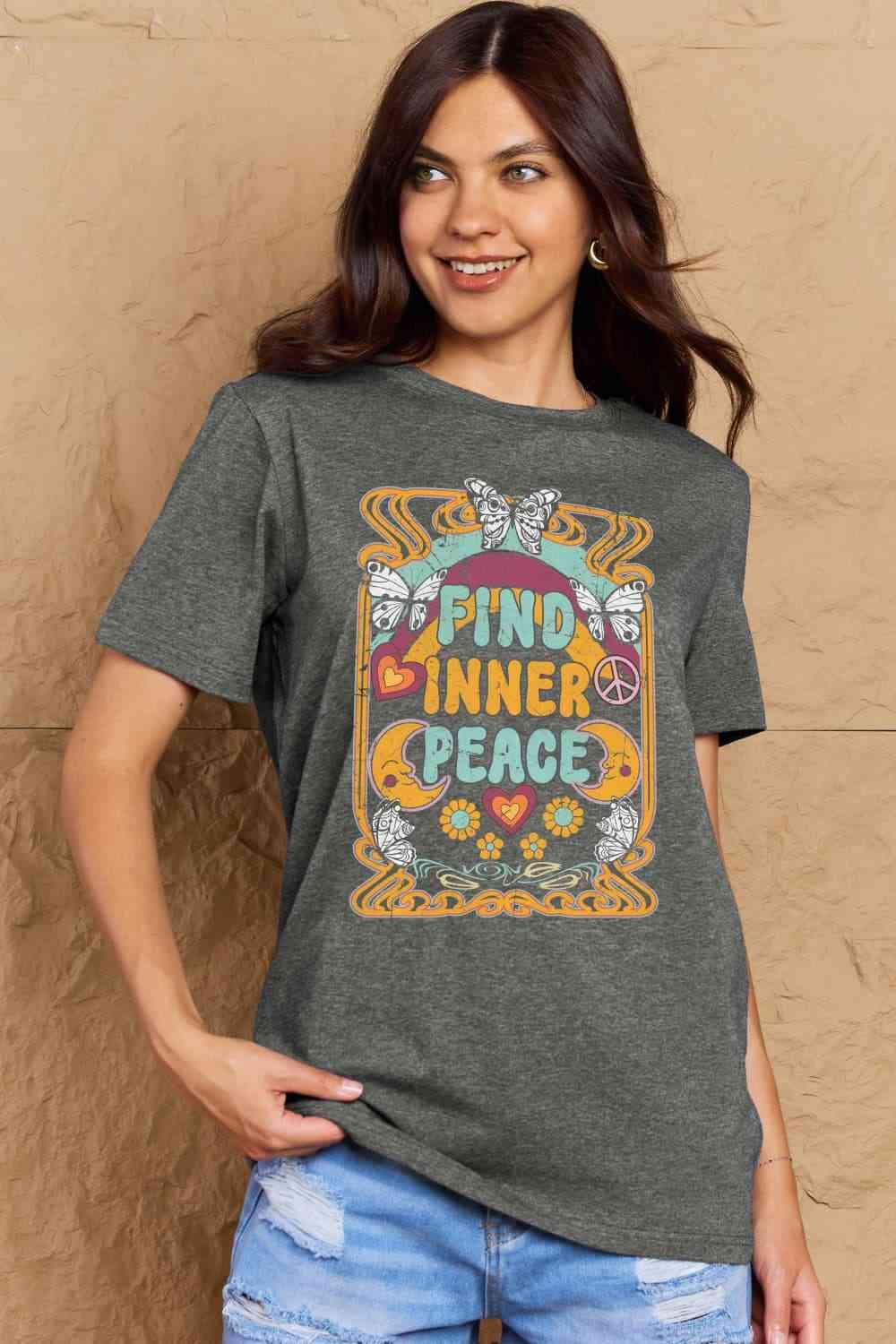 Simply Love Full Size FIND INNER PEACE Graphic Cotton T-Shirt Charcoal Women's T-Shirts - Tophatter Daily Deals