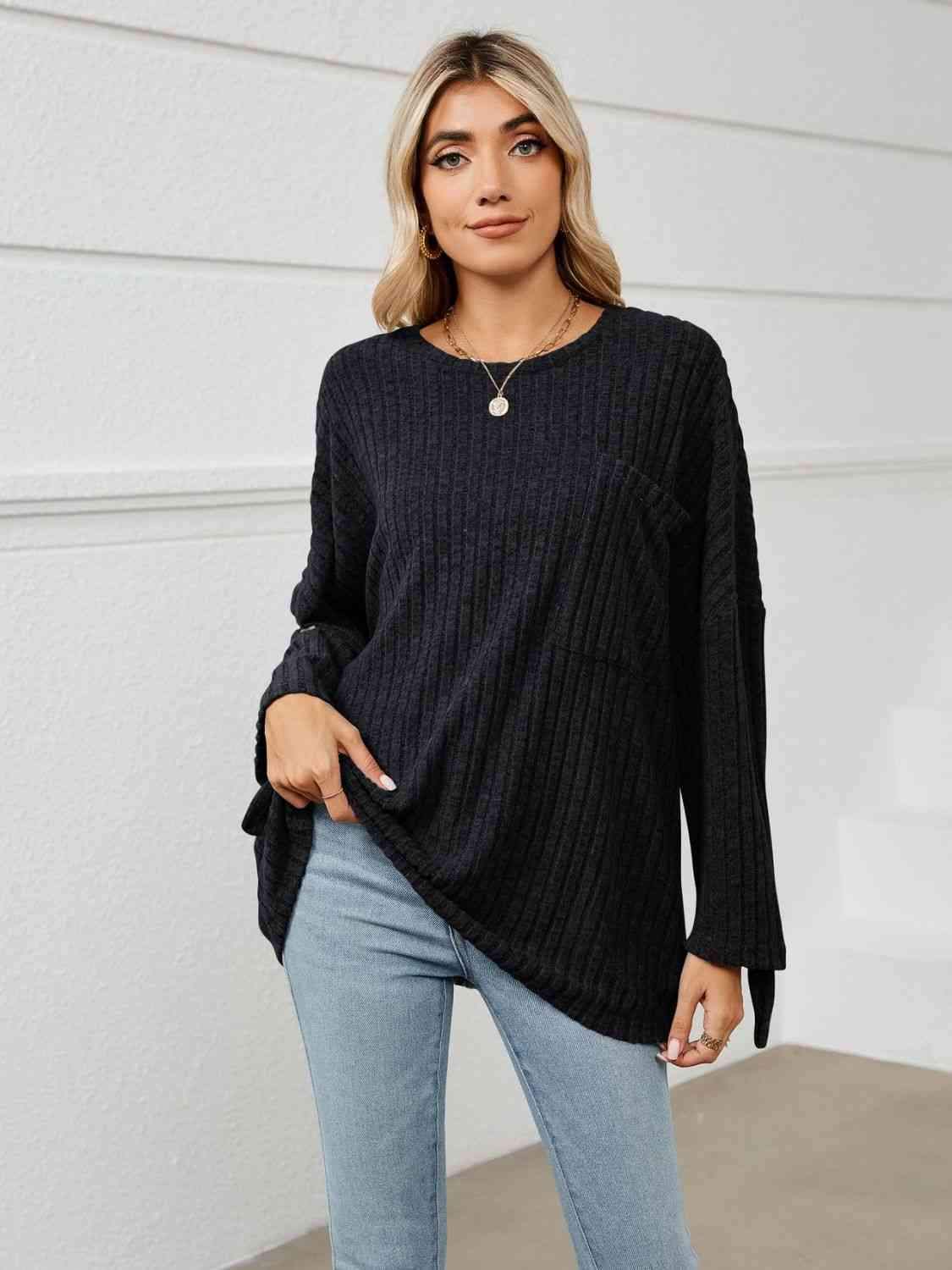 Round Neck Ribbed Long Sleeve T-Shirt Black Women's T-Shirts - Tophatter Daily Deals