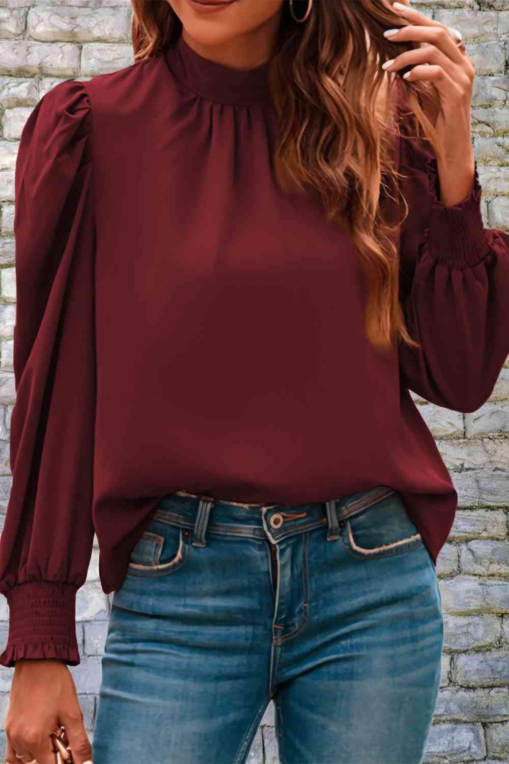 Mock Neck Puff Sleeve Blouse Wine Blouses - Tophatter Daily Deals