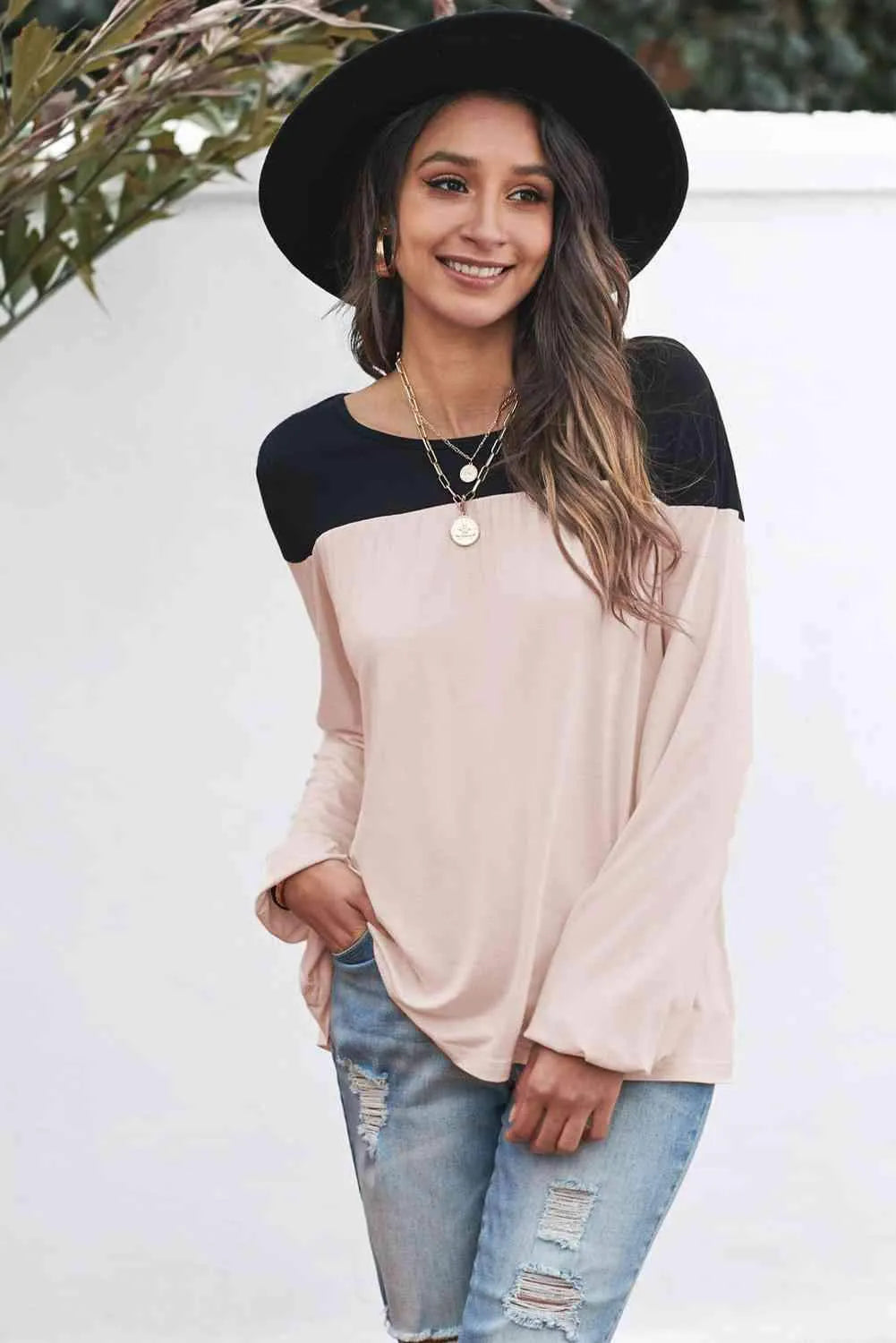 Contrast Balloon Sleeve Blouse Blouses - Tophatter Daily Deals
