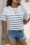 Decorative Button Striped Short Sleeve T-Shirt Women's T-Shirts - Tophatter Daily Deals