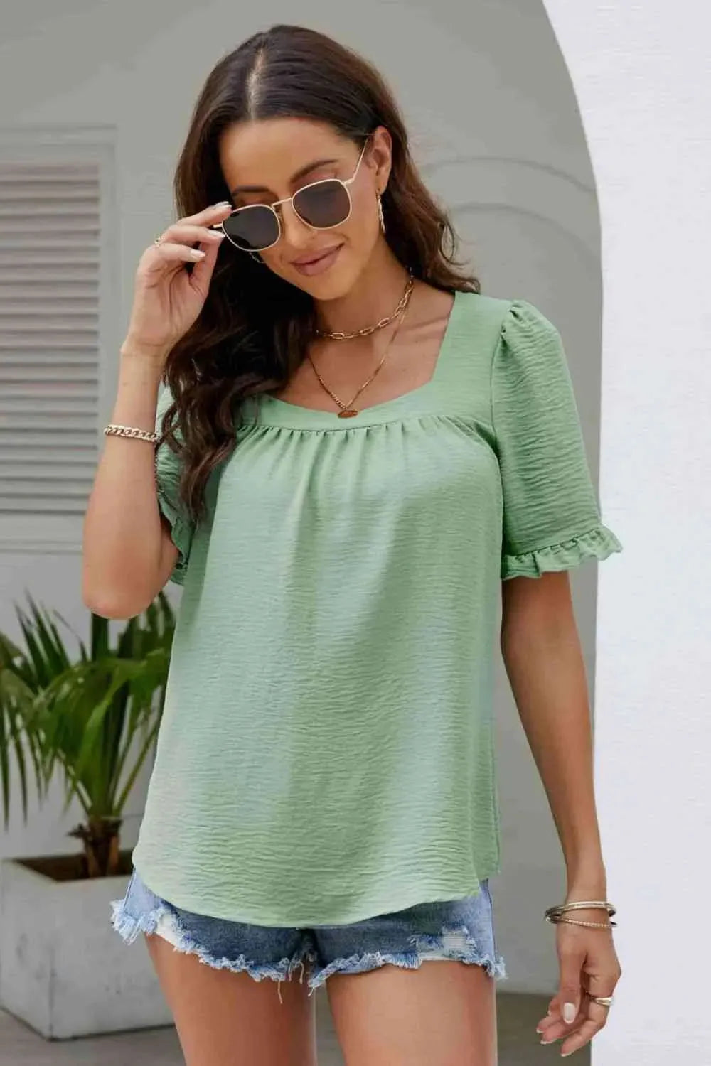 Frill Trim Puff Sleeve Square Neck Blouse Blouses - Tophatter Daily Deals