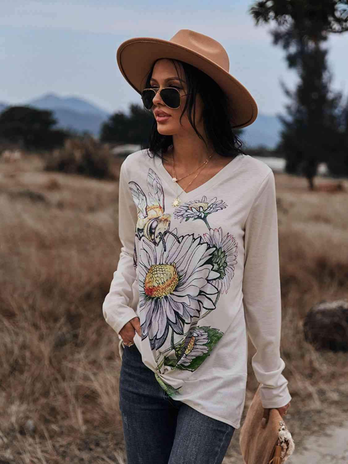 Floral Print Twisted V-Neck Long Sleeve Tee Women's T-Shirts - Tophatter Daily Deals