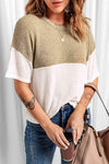 Colorblock Short Sleeve Knit Top Khaki White S Blouses - Tophatter Daily Deals