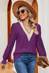 Openwork V-Neck Long Sleeve T-Shirt Women's T-Shirts - Tophatter Daily Deals