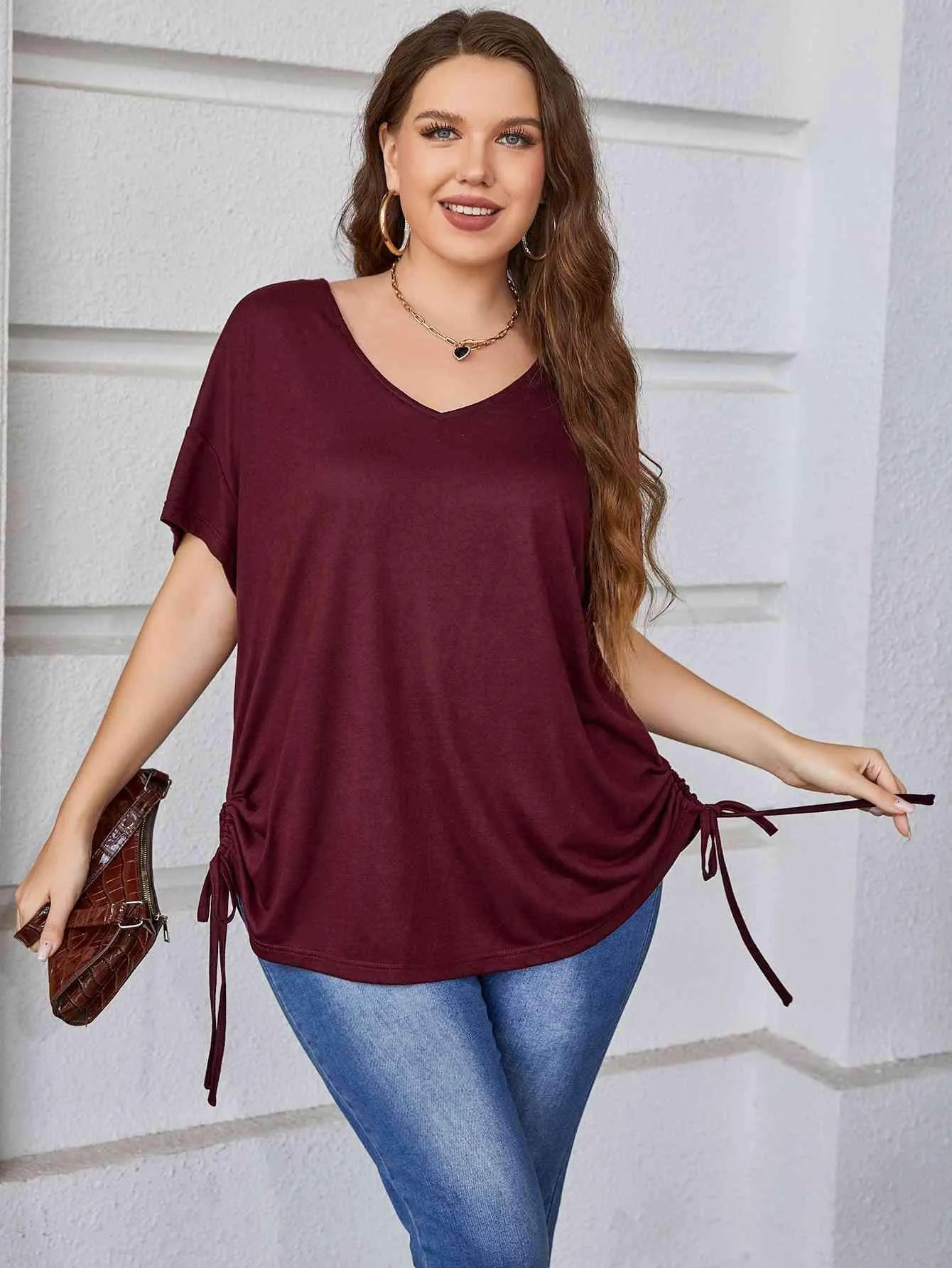 Plus Size Drawstring V-Neck Short Sleeve Blouse Wine Blouses - Tophatter Daily Deals