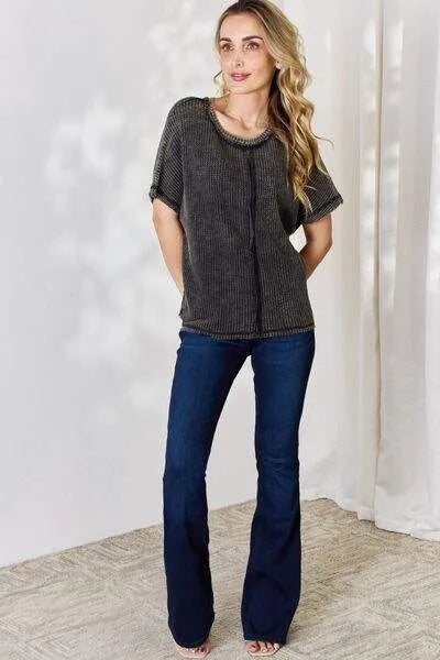Zenana Oversized Baby Waffle Short Sleeve Top Blouses - Tophatter Daily Deals