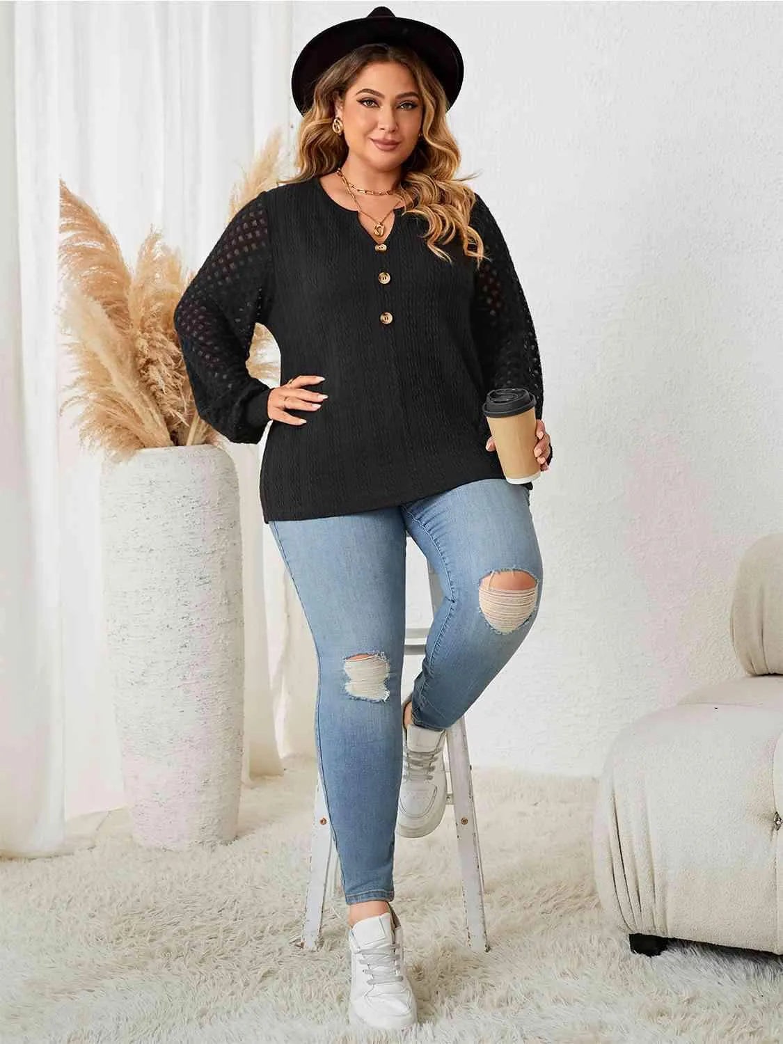 Plus Size Openwork Notched Button Front Blouse Blouses - Tophatter Daily Deals