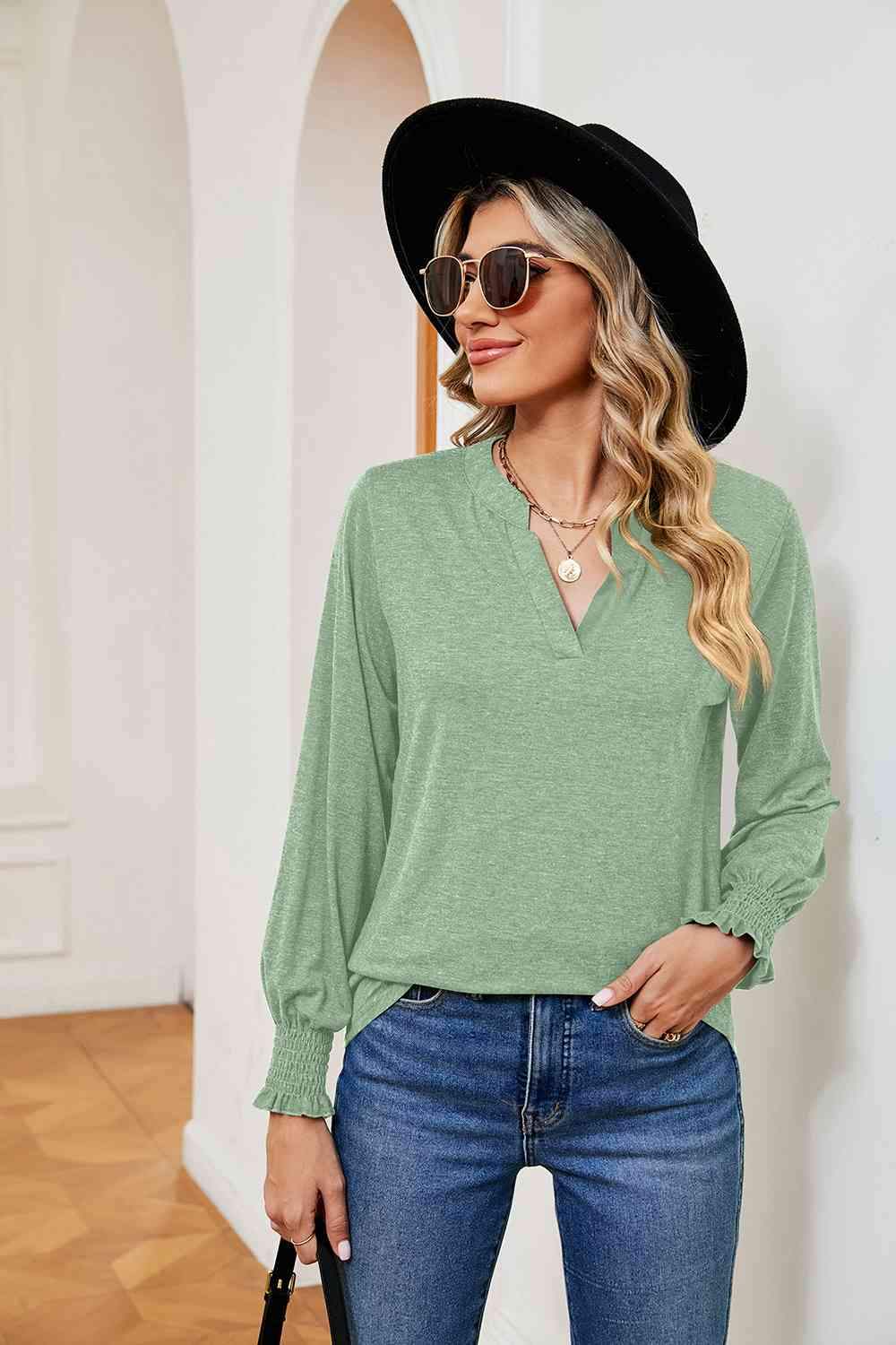 Notched Neck Long Sleeve Blouse Blouses - Tophatter Daily Deals