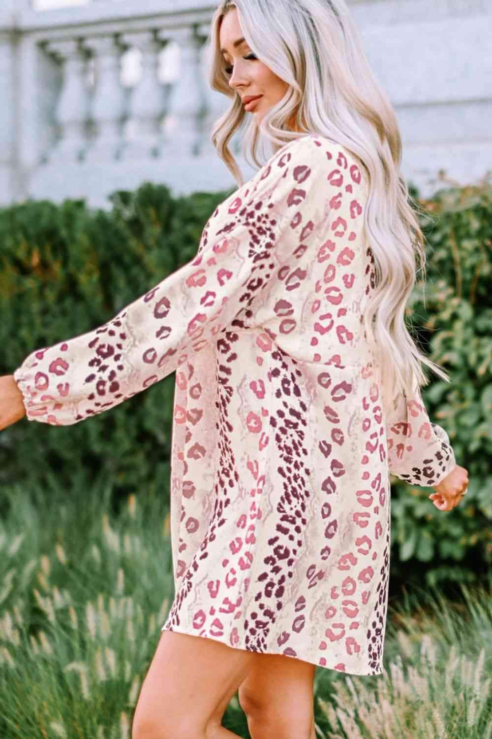 Leopard V-Neck Balloon Sleeve Babydoll Dress Blouses - Tophatter Daily Deals