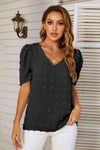 Swiss Dot V-Neck Puff Sleeve Blouse Black Blouses - Tophatter Daily Deals