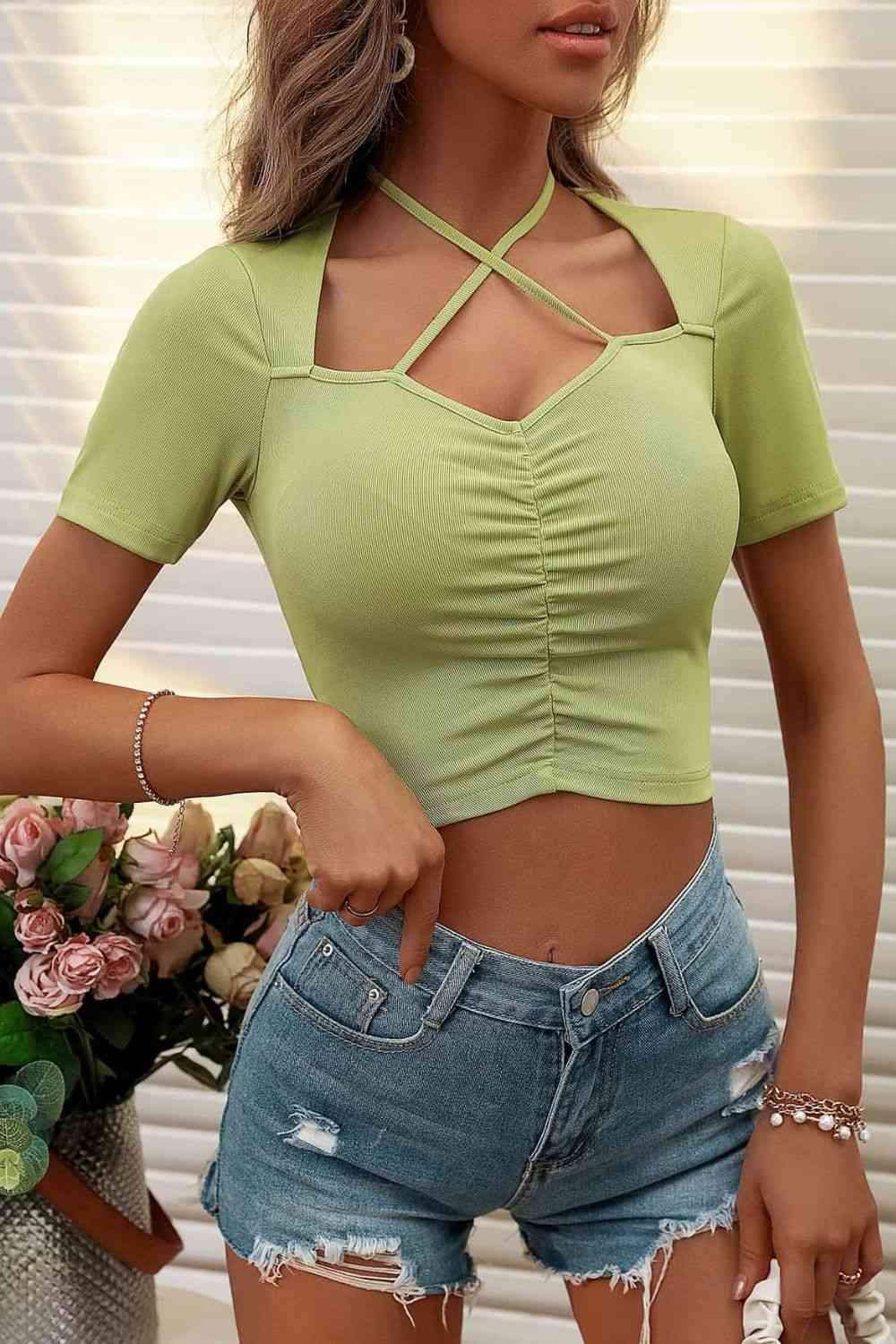 Halter Neck Ruched Short Sleeve Top Blouses - Tophatter Daily Deals