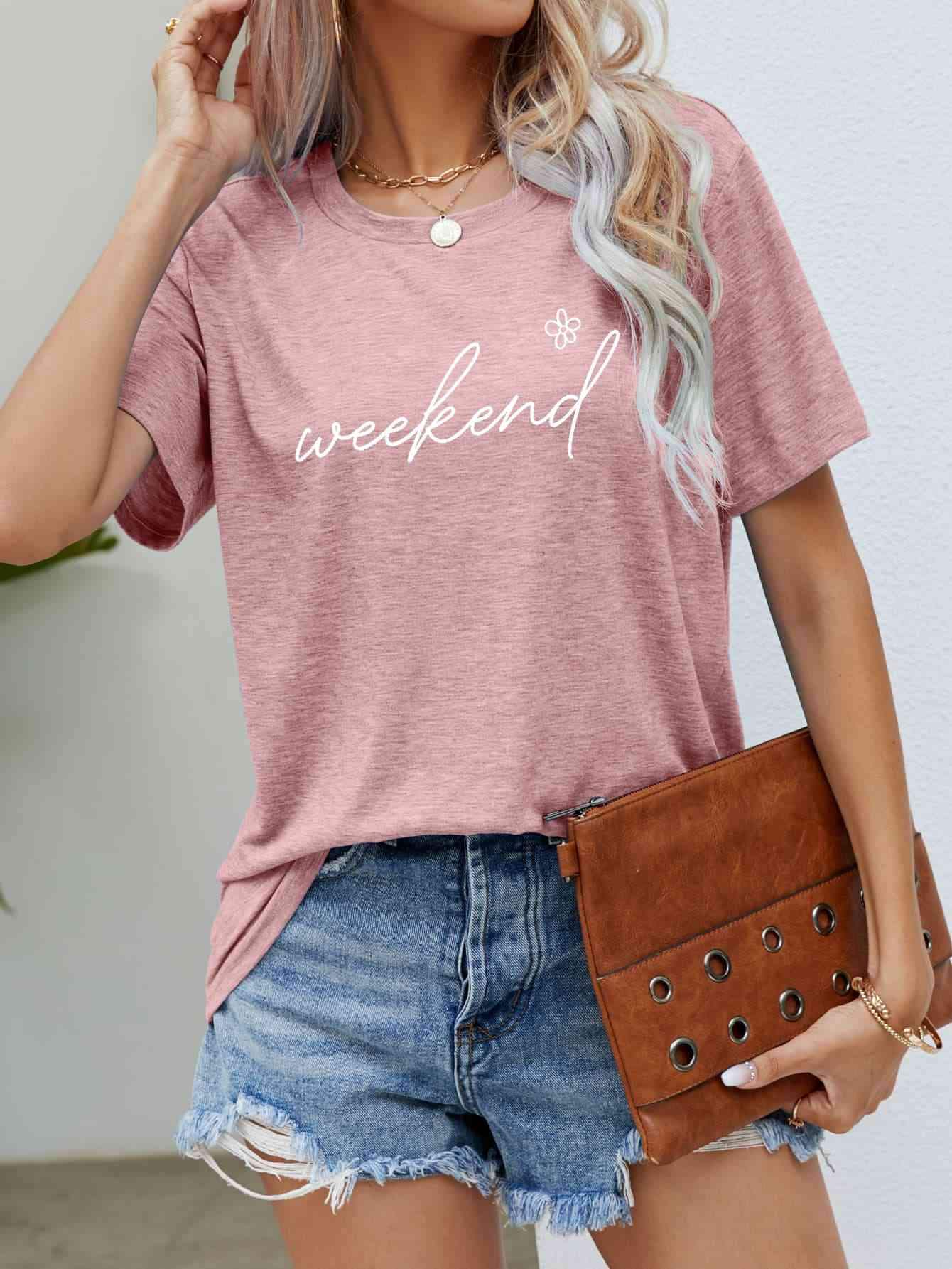 WEEKEND Flower Graphic Short Sleeve Tee Blush Pink Women's T-Shirts - Tophatter Daily Deals