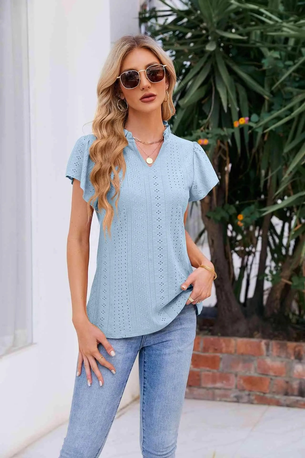 Notched Neck Puff Sleeve Blouse Misty Blue Blouses - Tophatter Daily Deals
