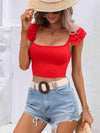 Square Neck Cap Sleeve Cropped Top Red Blouses - Tophatter Daily Deals