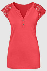 Lace Detail Notched Cap Sleeve T-Shirt Women's T-Shirts - Tophatter Daily Deals