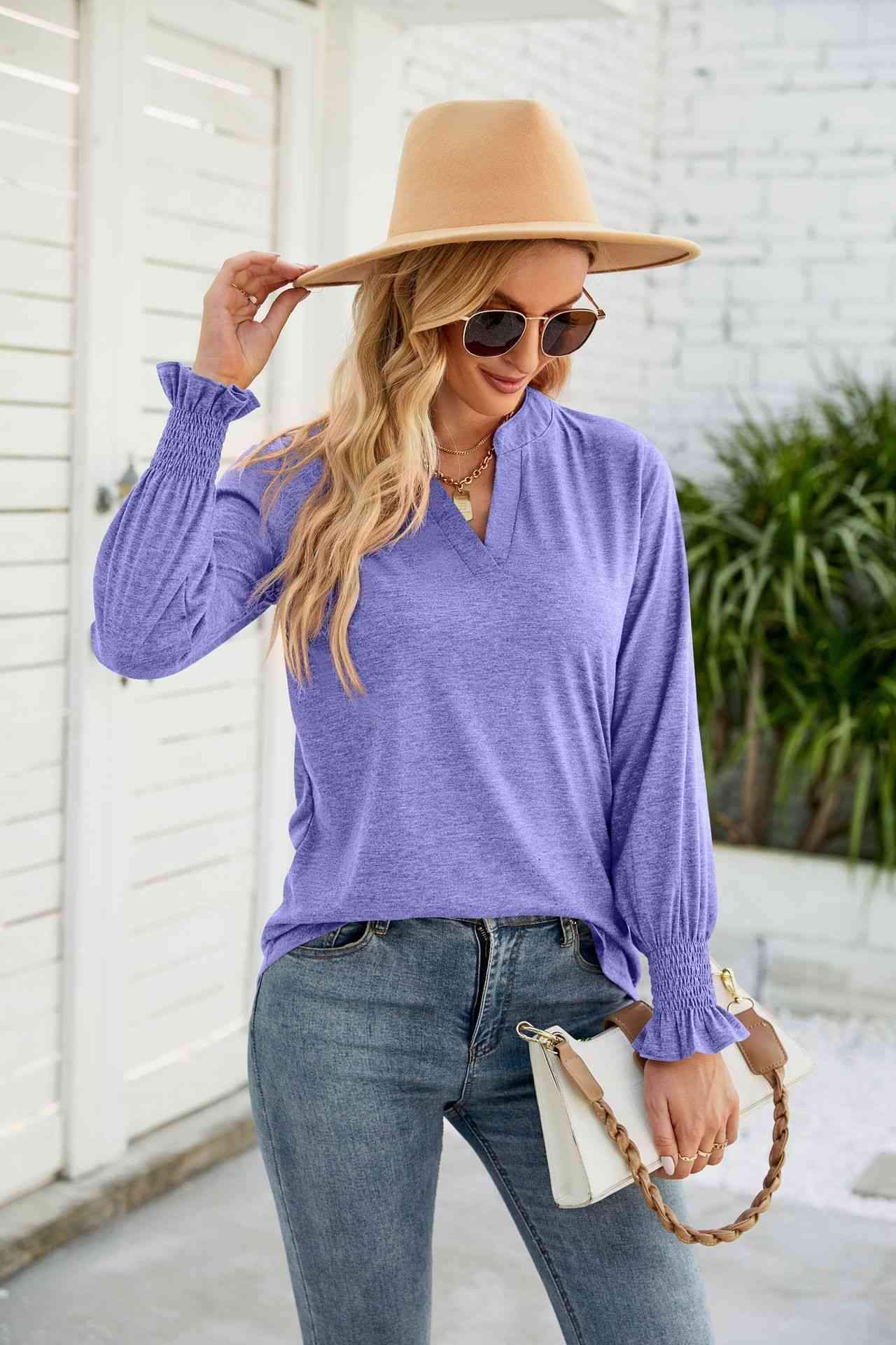 Heathered Flounce Sleeve Curved Hem Top Purple Blouses - Tophatter Daily Deals